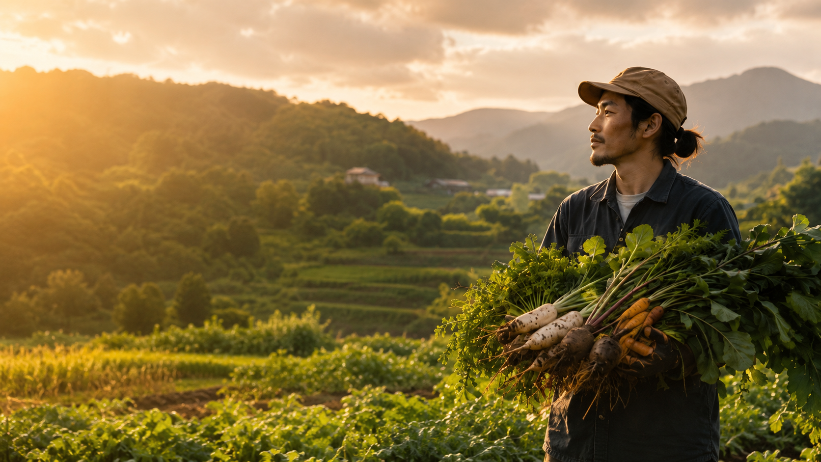 里山の畑で収穫した野菜を抱える農家